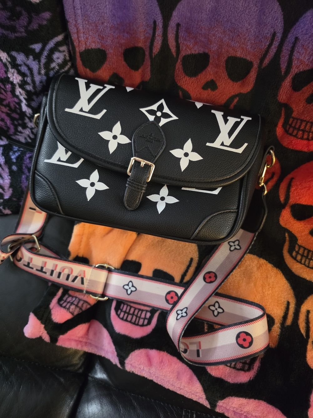L V Black & White Monogram Shoulder Bag with Pink Strap